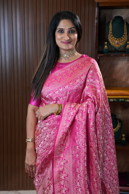 Pure Handloom Silk Katan Banaras Saree-Hot Pink|Silk Mark Certified