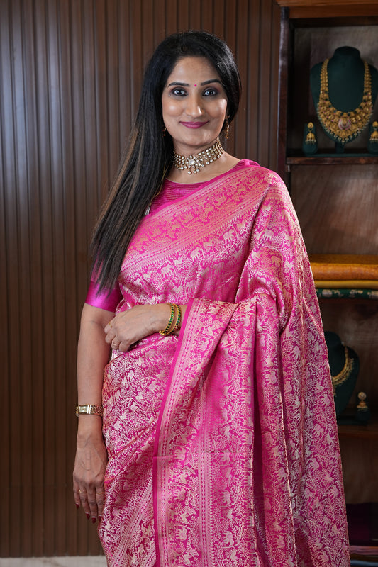 Pure Handloom Silk Katan Banaras Saree-Hot Pink|Silk Mark Certified