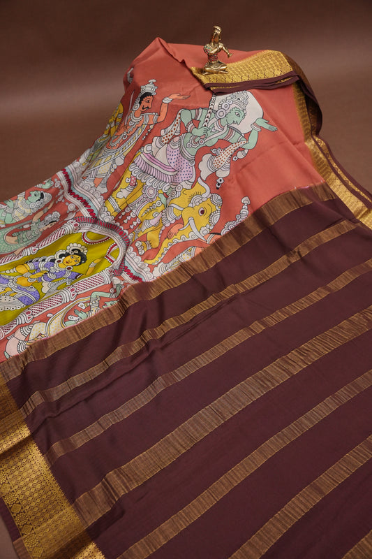 Kalamkari Printed Pure Crepe Mysore Silk Saree - Dark Peach & Chocolate Brown
