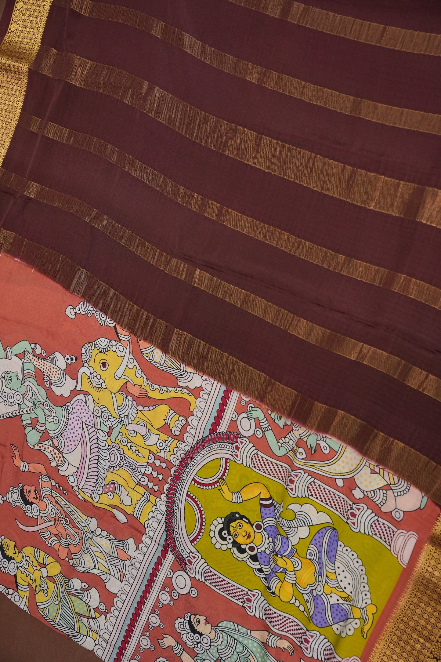 Kalamkari Printed Pure Crepe Mysore Silk Saree - Dark Peach & Chocolate Brown