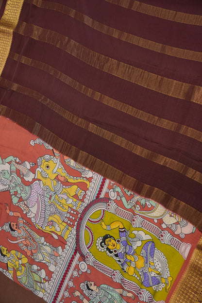 Kalamkari Printed Pure Crepe Mysore Silk Saree - Dark Peach & Chocolate Brown