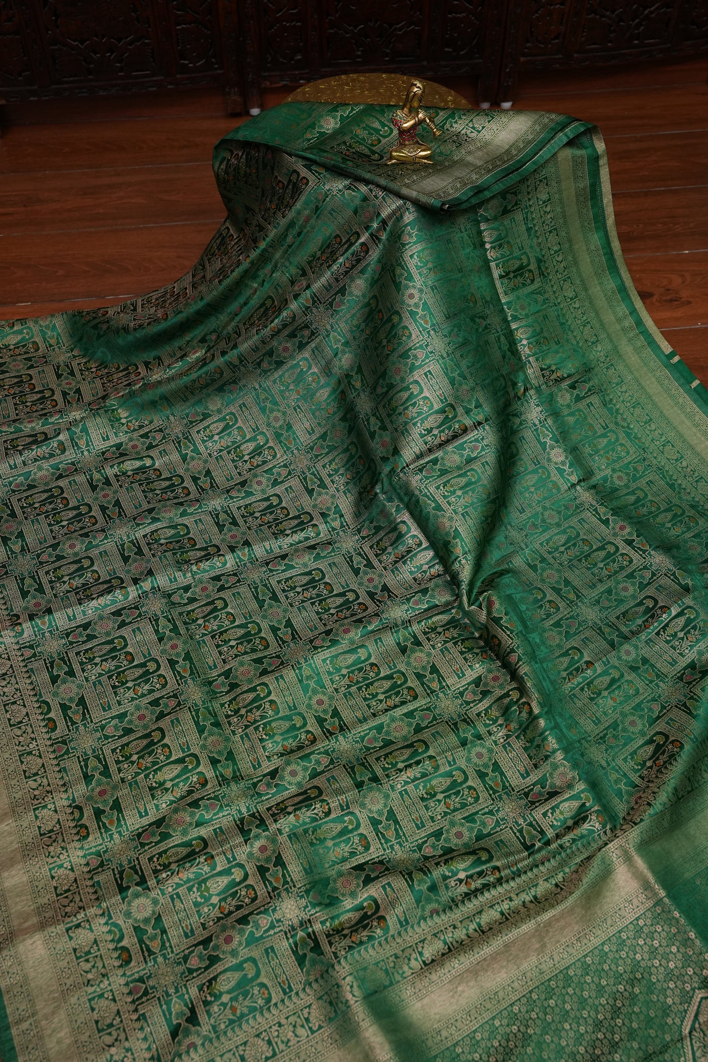 Banarasi Satin Silk Saree with Full Brocade Body – Emerald Green