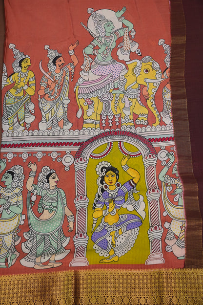 Kalamkari Printed Pure Crepe Mysore Silk Saree - Dark Peach & Chocolate Brown