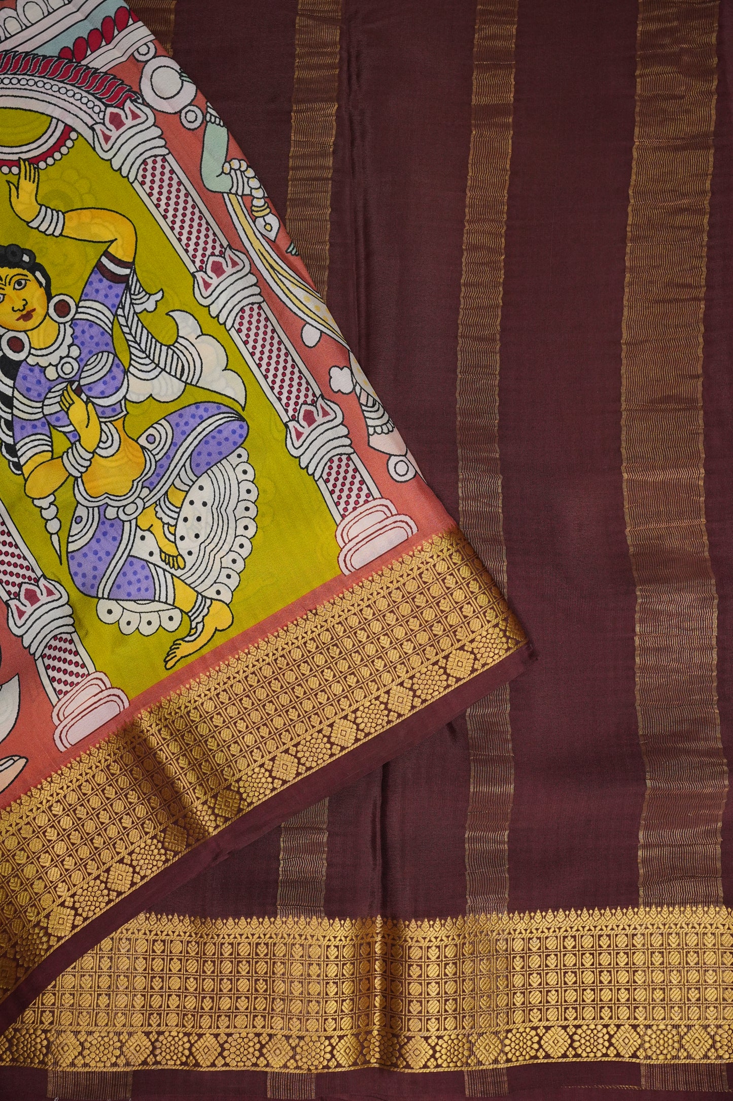 Kalamkari Printed Pure Crepe Mysore Silk Saree - Dark Peach & Chocolate Brown