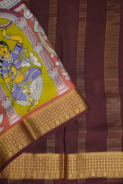 Kalamkari Printed Pure Crepe Mysore Silk Saree - Dark Peach & Chocolate Brown