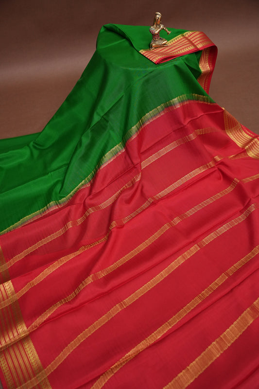 Pure Crepe Mysore Silk Saree - Leaf Green with Red Border
