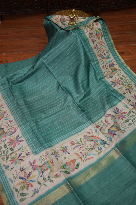 Semi Tussar Raw Silk Saree – Teal Green with Multicolour Woven Motifs