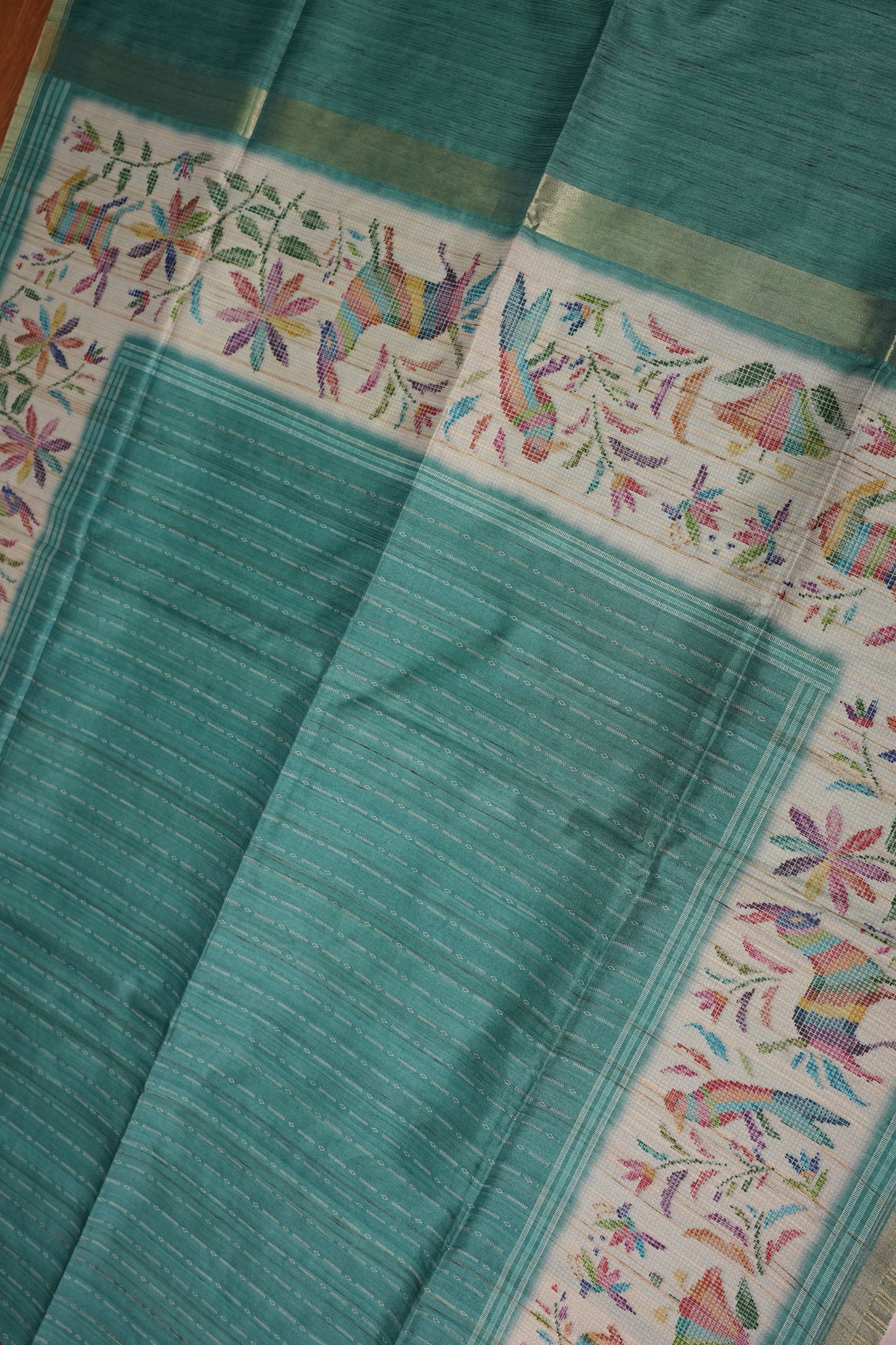 Semi Tussar Raw Silk Saree – Teal Green with Multicolour Woven Motifs