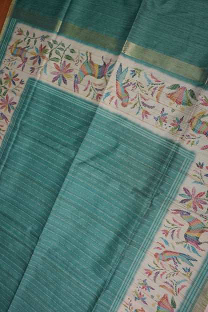 Semi Tussar Raw Silk Saree – Teal Green with Multicolour Woven Motifs