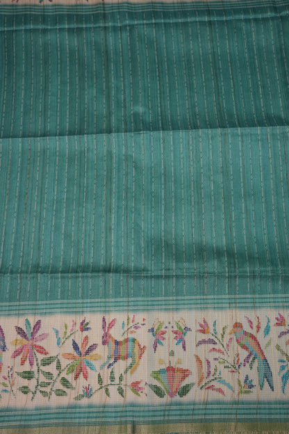 Semi Tussar Raw Silk Saree – Teal Green with Multicolour Woven Motifs