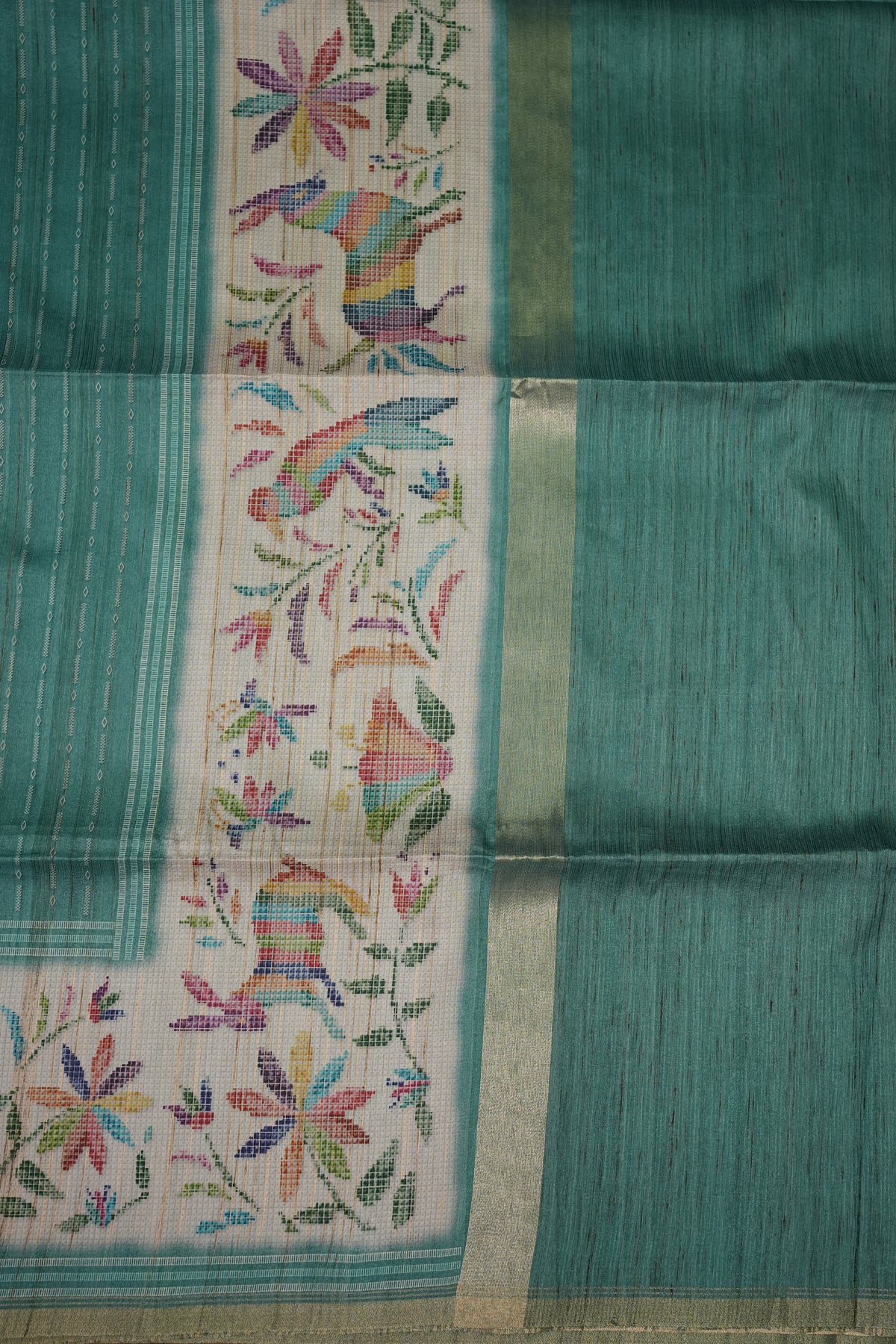 Semi Tussar Raw Silk Saree – Teal Green with Multicolour Woven Motifs