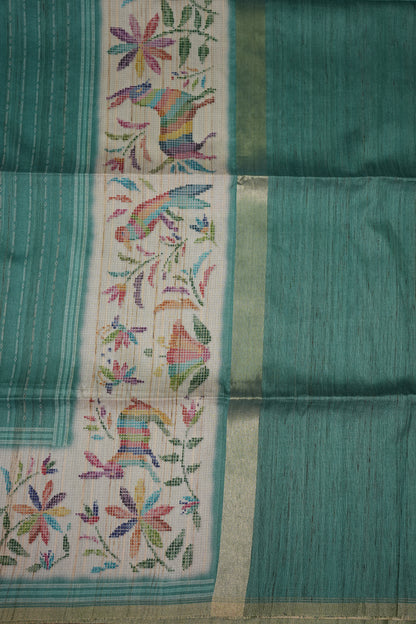 Semi Tussar Raw Silk Saree – Teal Green with Multicolour Woven Motifs