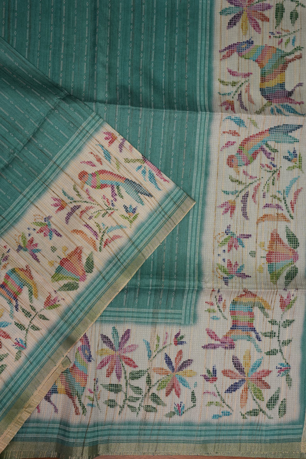 Semi Tussar Raw Silk Saree – Teal Green with Multicolour Woven Motifs