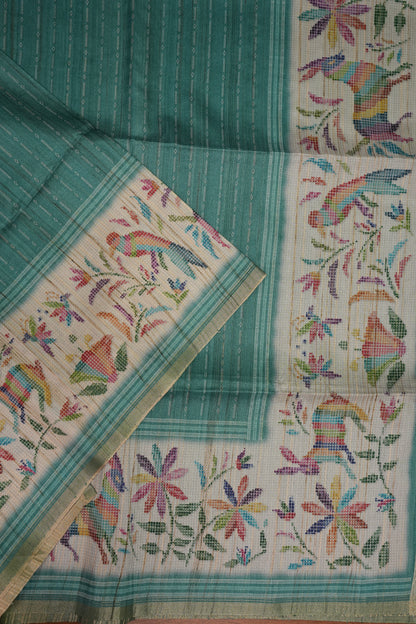 Semi Tussar Raw Silk Saree – Teal Green with Multicolour Woven Motifs