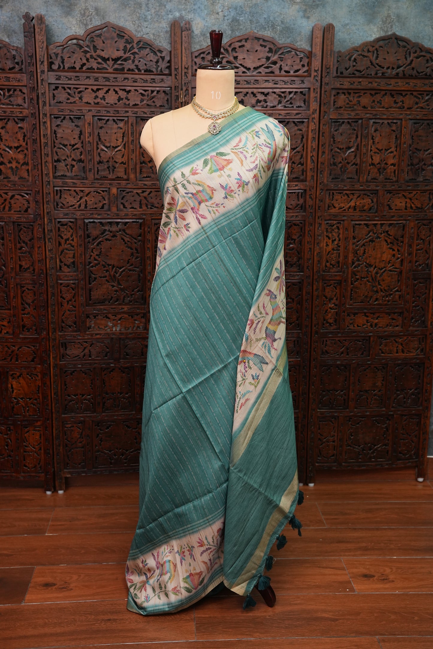 Semi Tussar Raw Silk Saree – Teal Green with Multicolour Woven Motifs