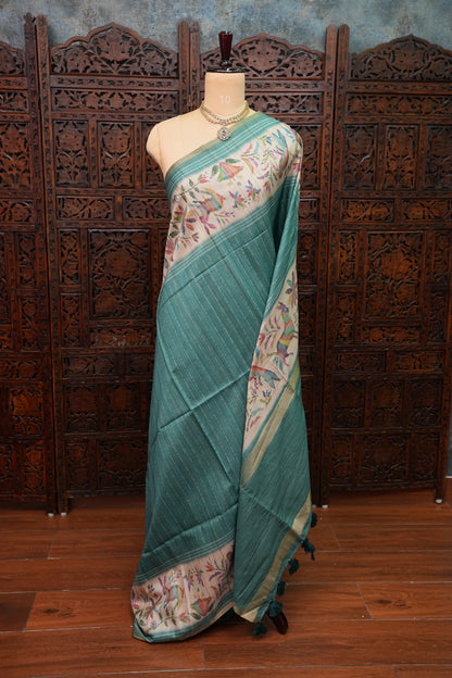 Semi Tussar Raw Silk Saree – Teal Green with Multicolour Woven Motifs
