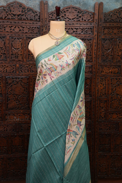 Semi Tussar Raw Silk Saree – Teal Green with Multicolour Woven Motifs