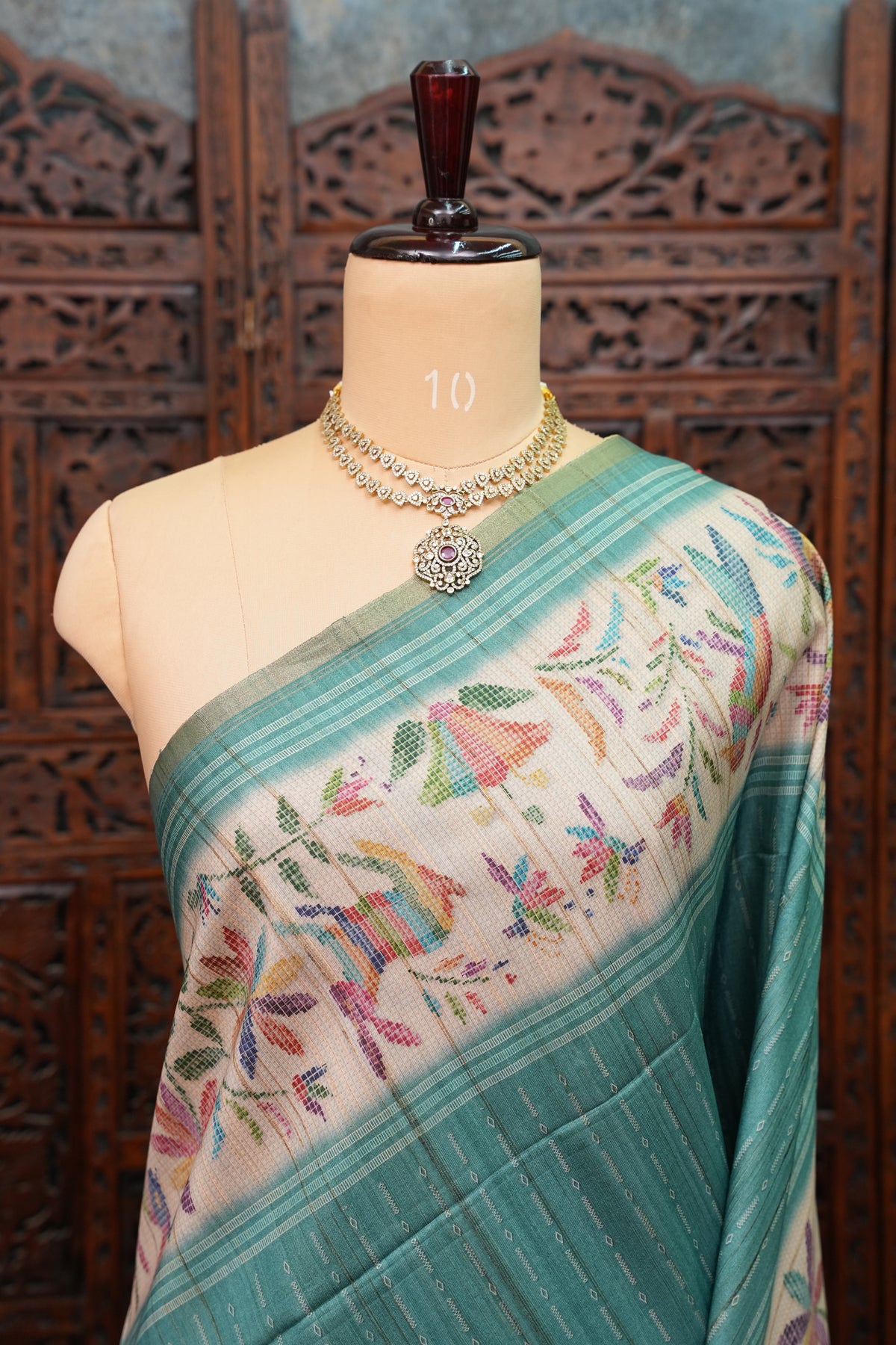 Semi Tussar Raw Silk Saree – Teal Green with Multicolour Woven Motifs