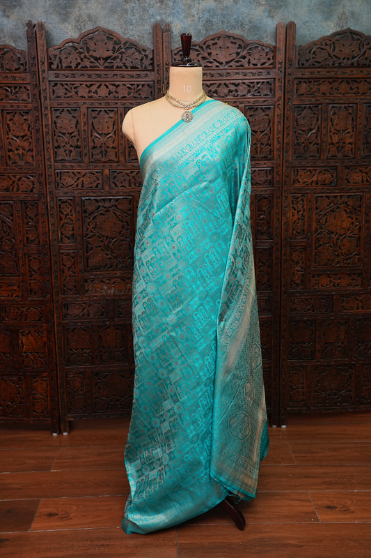 Banarasi Satin Silk Saree with Full Brocade Body – Turquoise Blue
