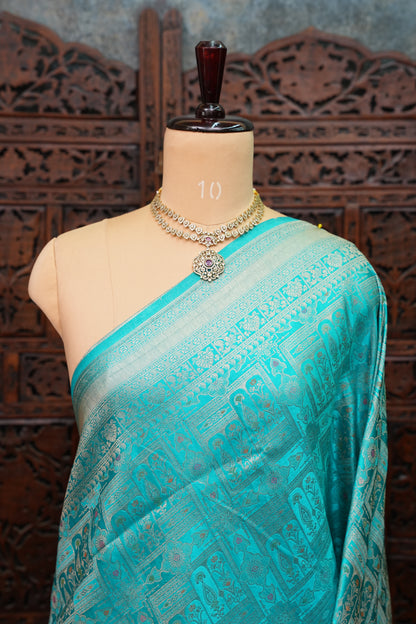 Banarasi Satin Silk Saree with Full Brocade Body – Turquoise Blue
