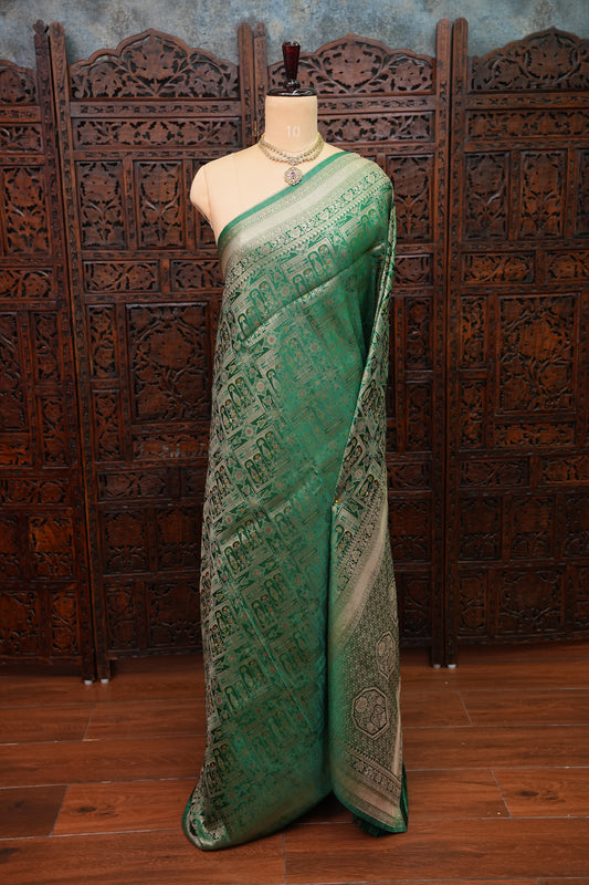 Banarasi Satin Silk Saree with Full Brocade Body – Emerald Green