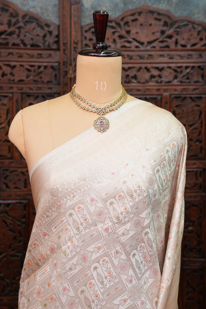 Banarasi Satin Silk Saree with Full Brocade Body – Ivory White