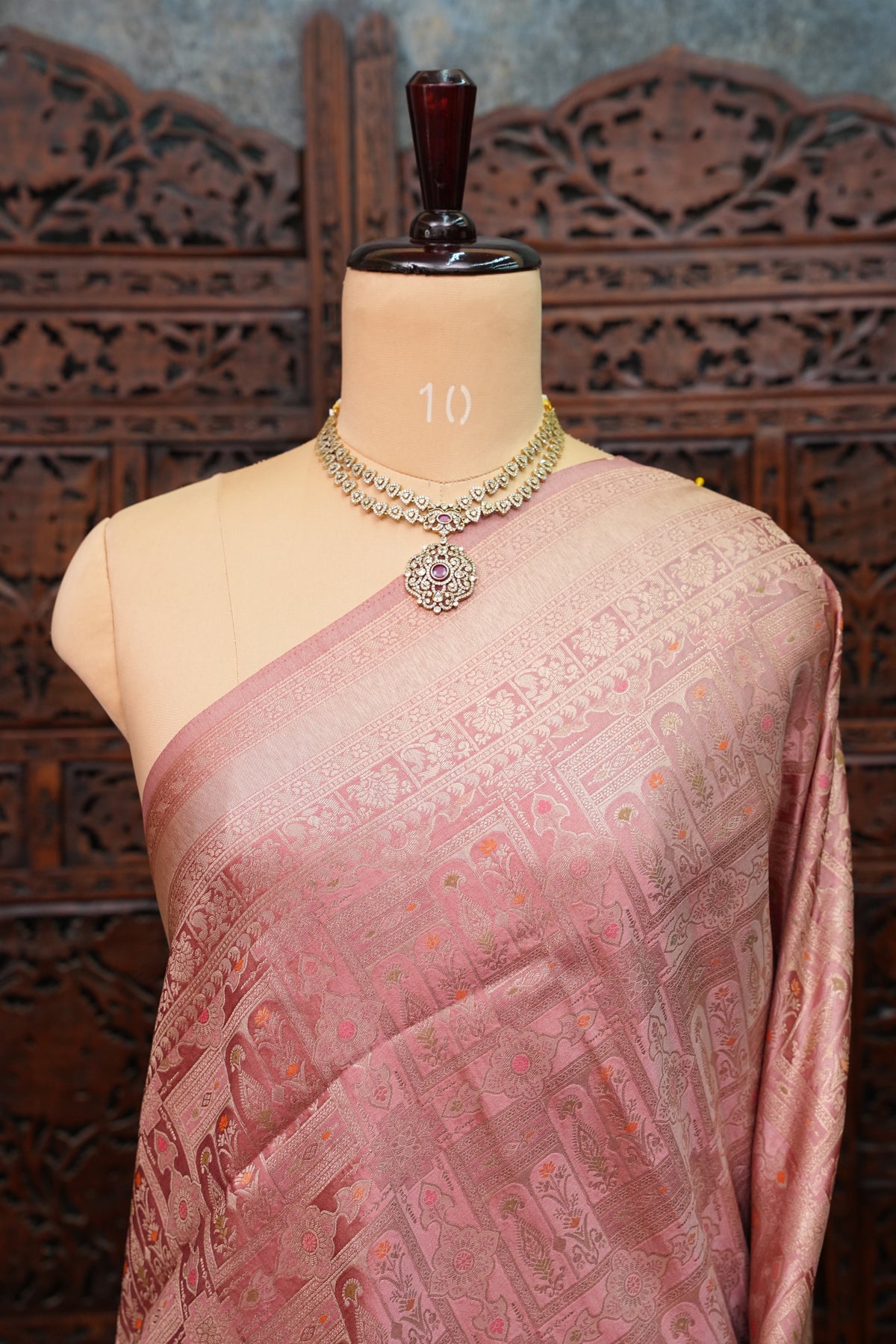 Banarasi Satin Silk Saree with Full Brocade Body – Dusty Rose Pink