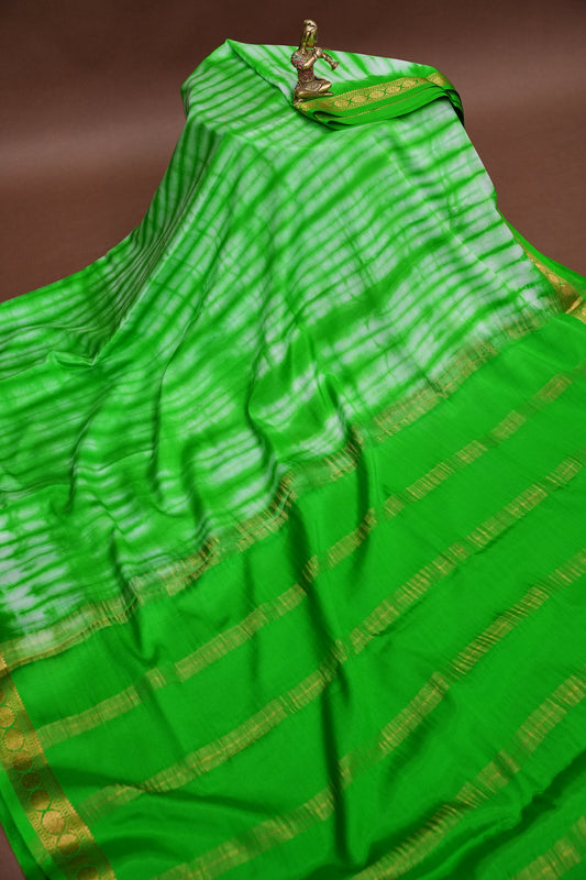 Shibori Tie & Dye Pure Crepe Mysore Silk Saree - Leaf Green