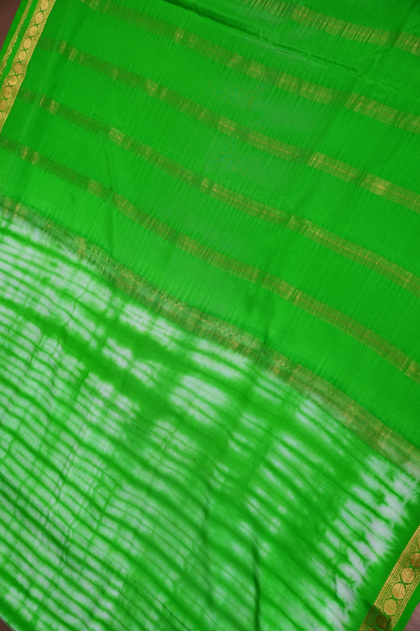 Shibori Tie & Dye Pure Crepe Mysore Silk Saree - Leaf Green