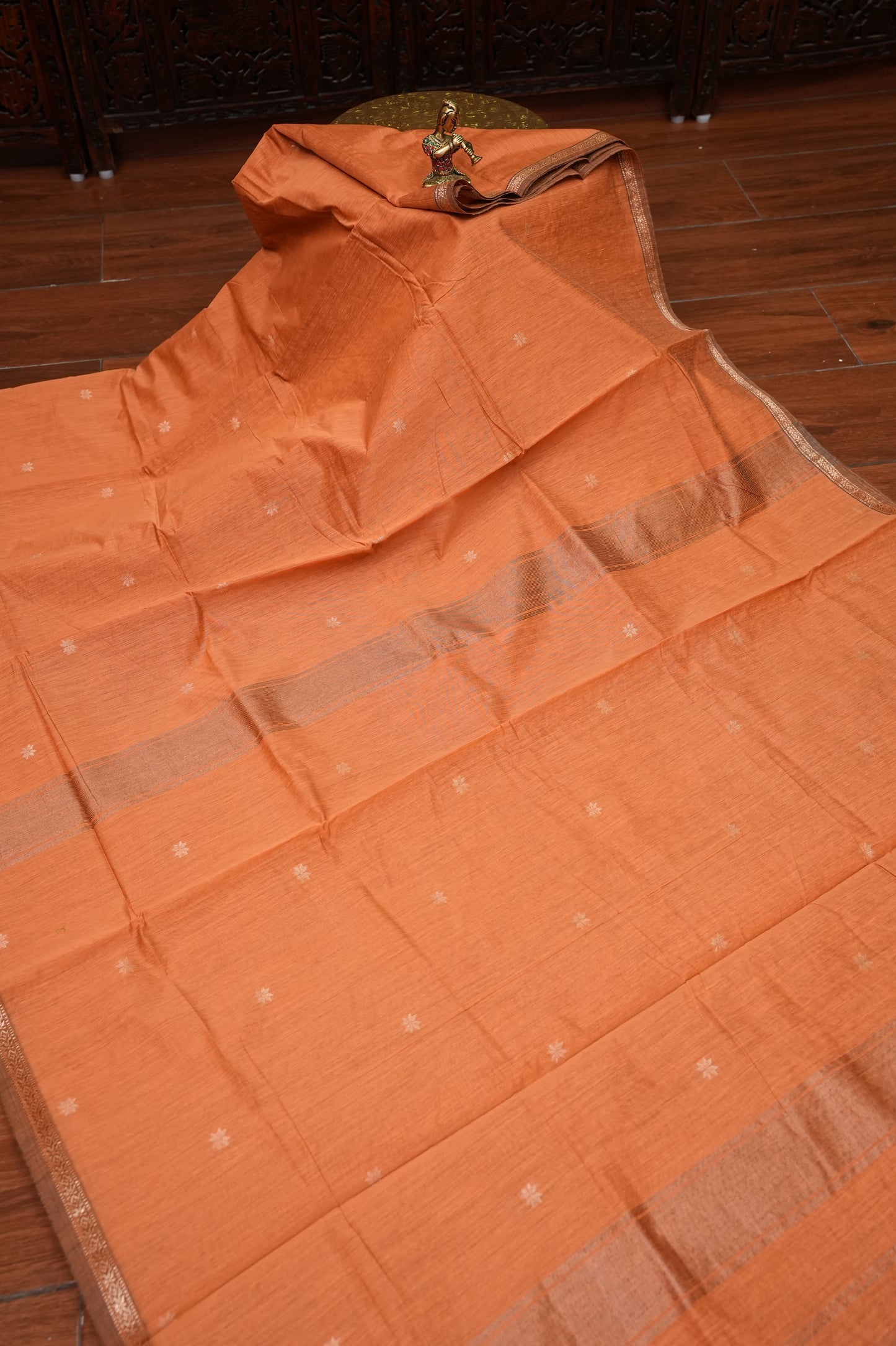 Semi Maheshwari Silk Cotton Saree – Peach Orange with Gold Zari Buttas