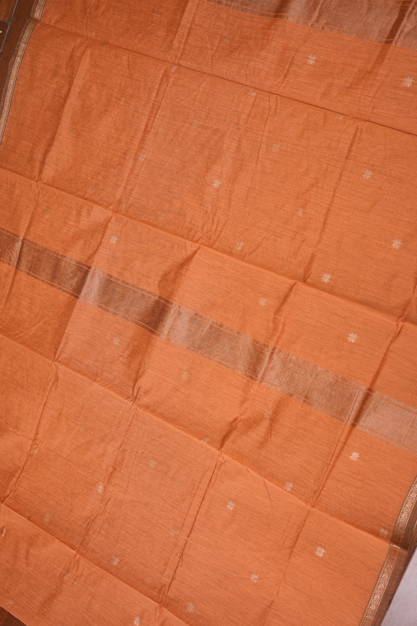 Semi Maheshwari Silk Cotton Saree – Peach Orange with Gold Zari Buttas