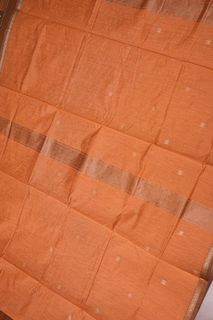 Semi Maheshwari Silk Cotton Saree – Peach Orange with Gold Zari Buttas