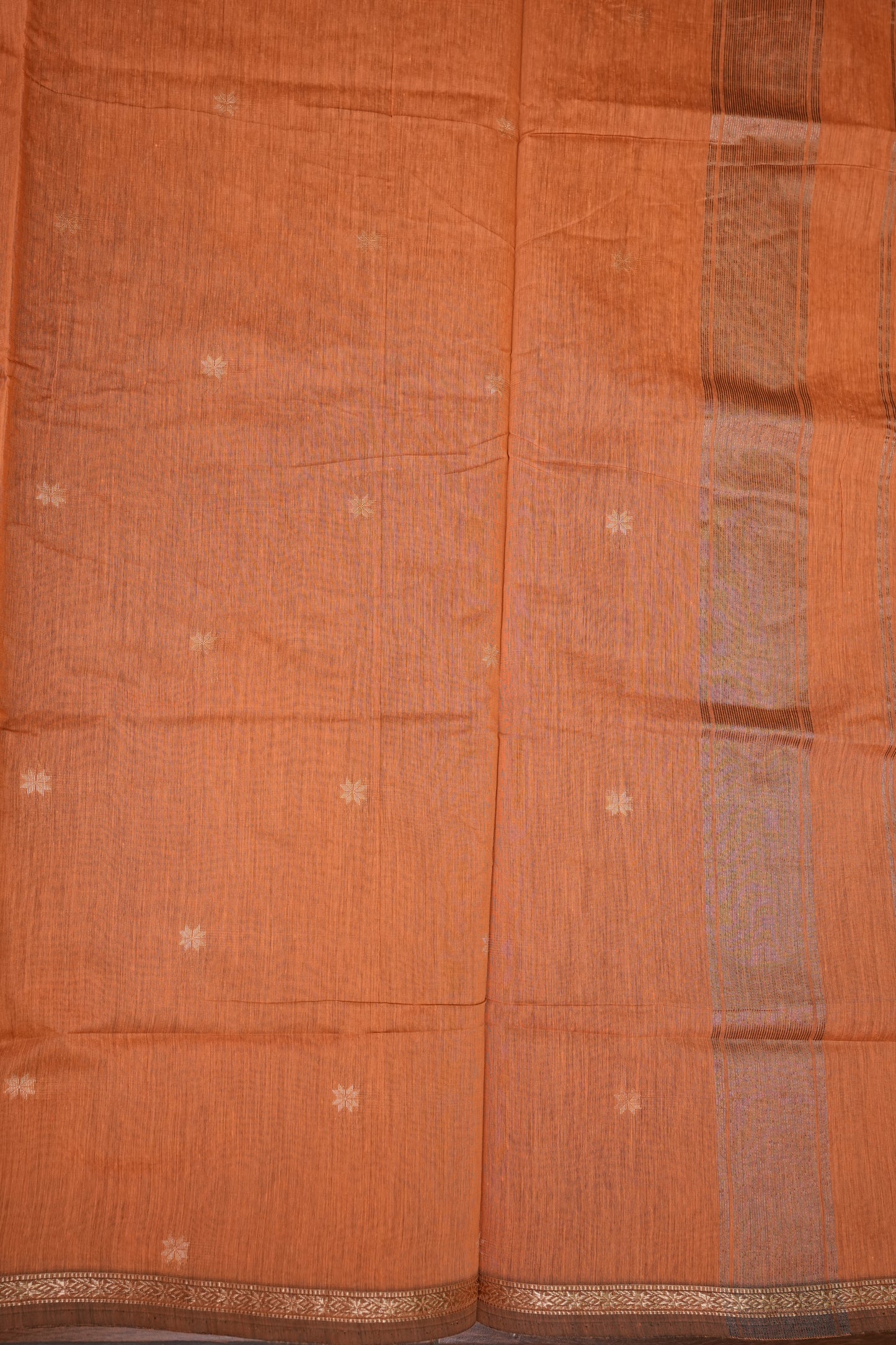 Semi Maheshwari Silk Cotton Saree – Peach Orange with Gold Zari Buttas