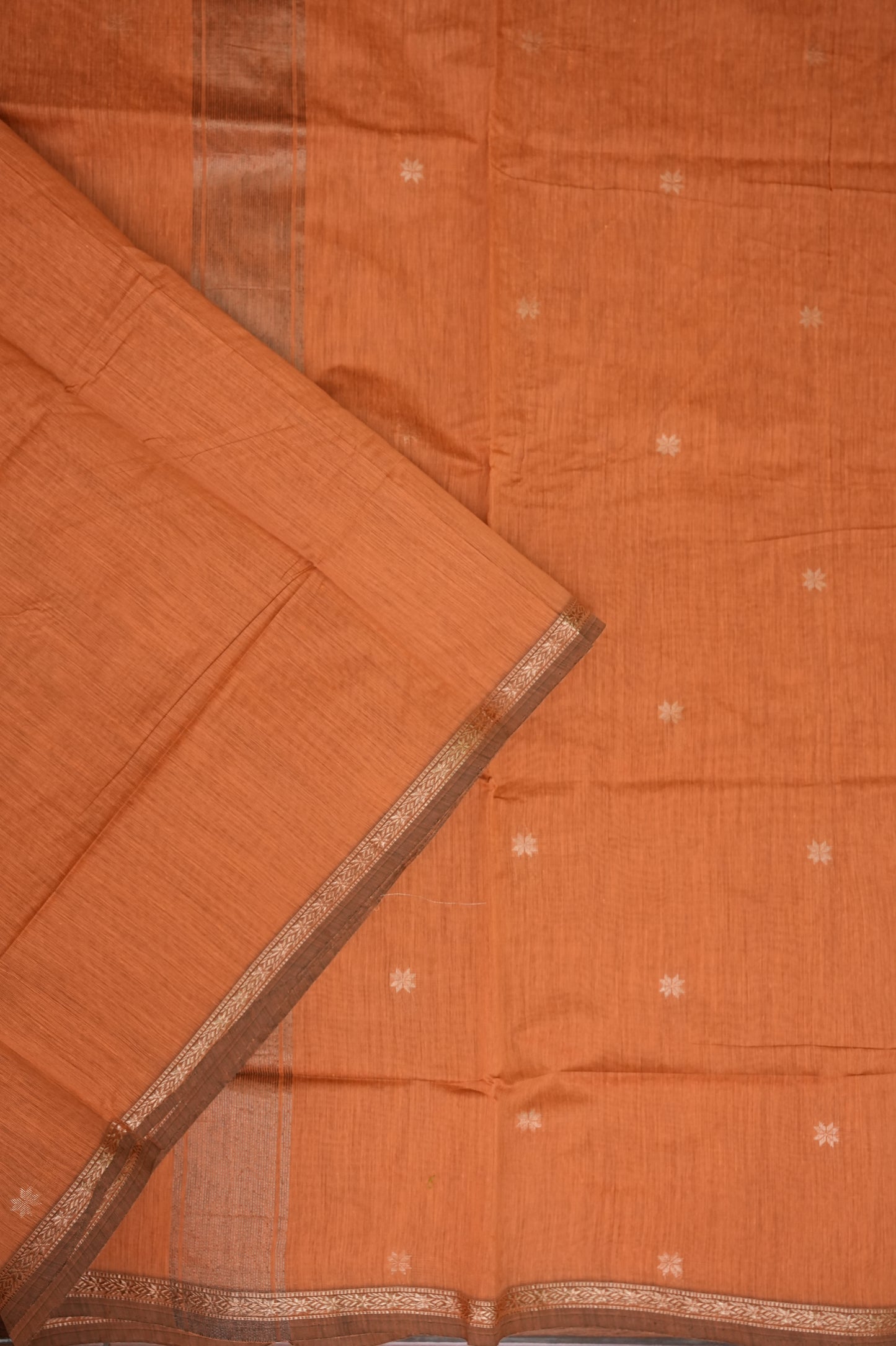 Semi Maheshwari Silk Cotton Saree – Peach Orange with Gold Zari Buttas
