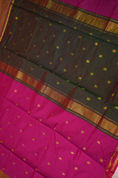 Semi Maheshwari Silk Cotton Saree – Rani Pink & Bottle Green with Gold Zari Buttas