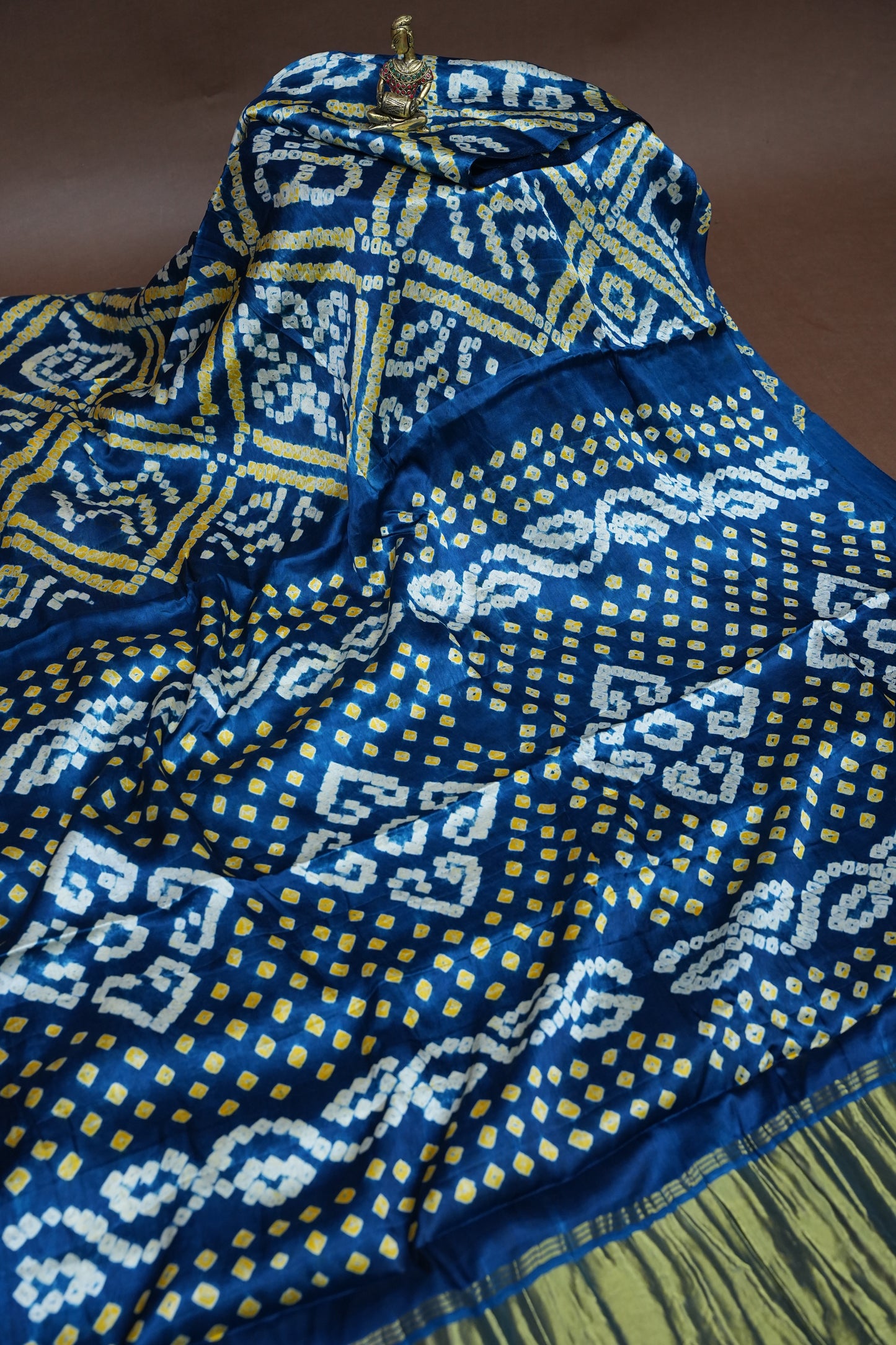 Pure Gajji Silk Bandhani Saree – Peacock blue with Traditional Bandhej Motifs & Gold Pallu