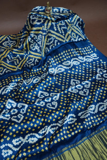 Pure Gajji Silk Bandhani Saree – Peacock blue with Traditional Bandhej Motifs & Gold Pallu