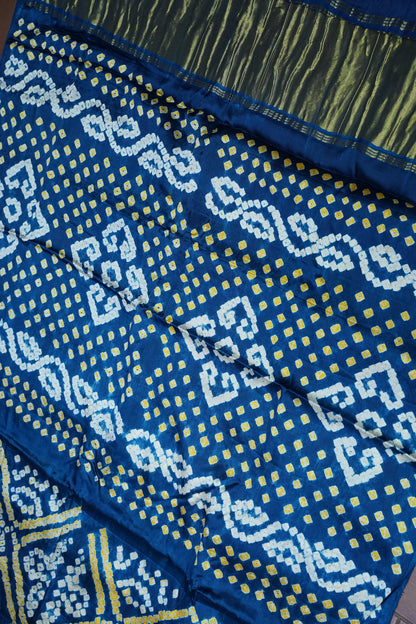 Pure Gajji Silk Bandhani Saree – Peacock blue with Traditional Bandhej Motifs & Gold Pallu