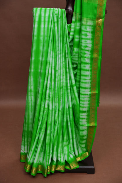Shibori Tie & Dye Pure Crepe Mysore Silk Saree - Leaf Green