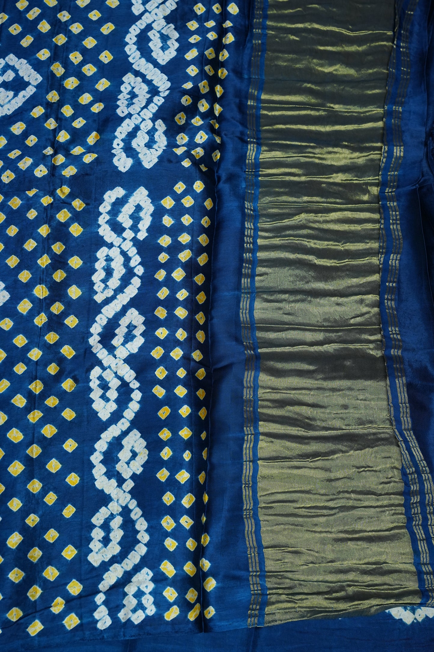 Pure Gajji Silk Bandhani Saree – Peacock blue with Traditional Bandhej Motifs & Gold Pallu