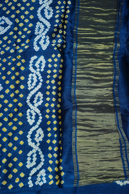 Pure Gajji Silk Bandhani Saree – Peacock blue with Traditional Bandhej Motifs & Gold Pallu