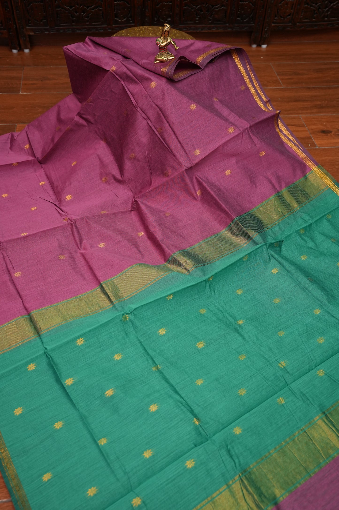 Semi Maheshwari Silk Cotton Saree – Mauve Pink & Teal Green with Gold Zari Buttas
