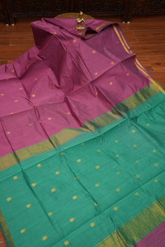 Semi Maheshwari Silk Cotton Saree – Mauve Pink & Teal Green with Gold Zari Buttas