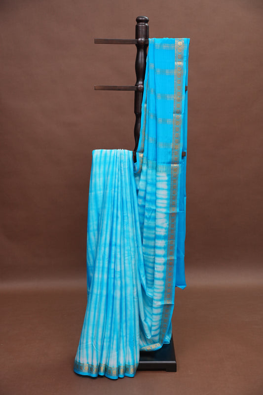 Shibori Tie & Dye Pure Crepe Mysore Silk Saree - Sky Blue