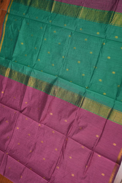 Semi Maheshwari Silk Cotton Saree – Mauve Pink & Teal Green with Gold Zari Buttas