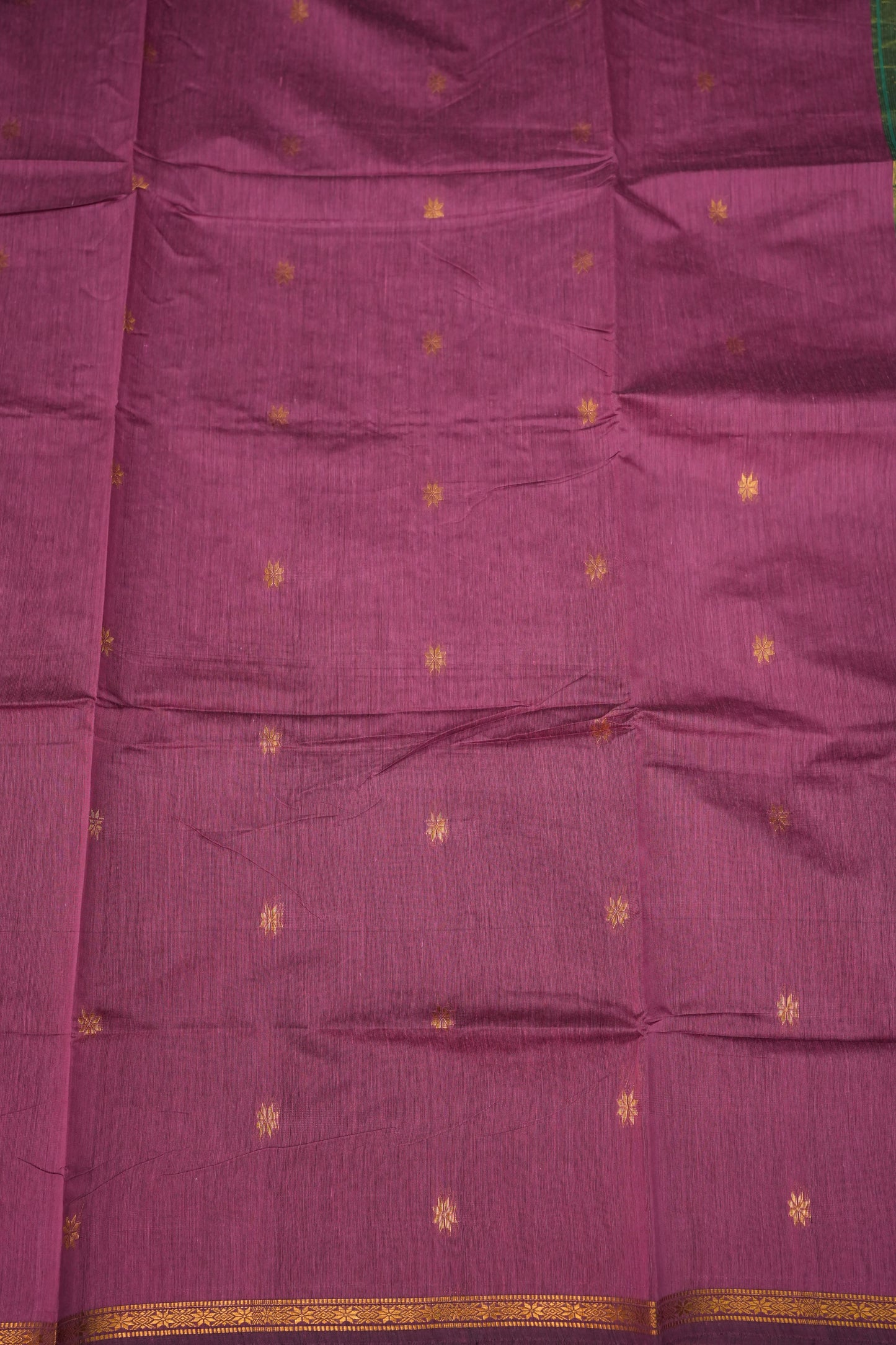 Semi Maheshwari Silk Cotton Saree – Mauve Pink & Teal Green with Gold Zari Buttas