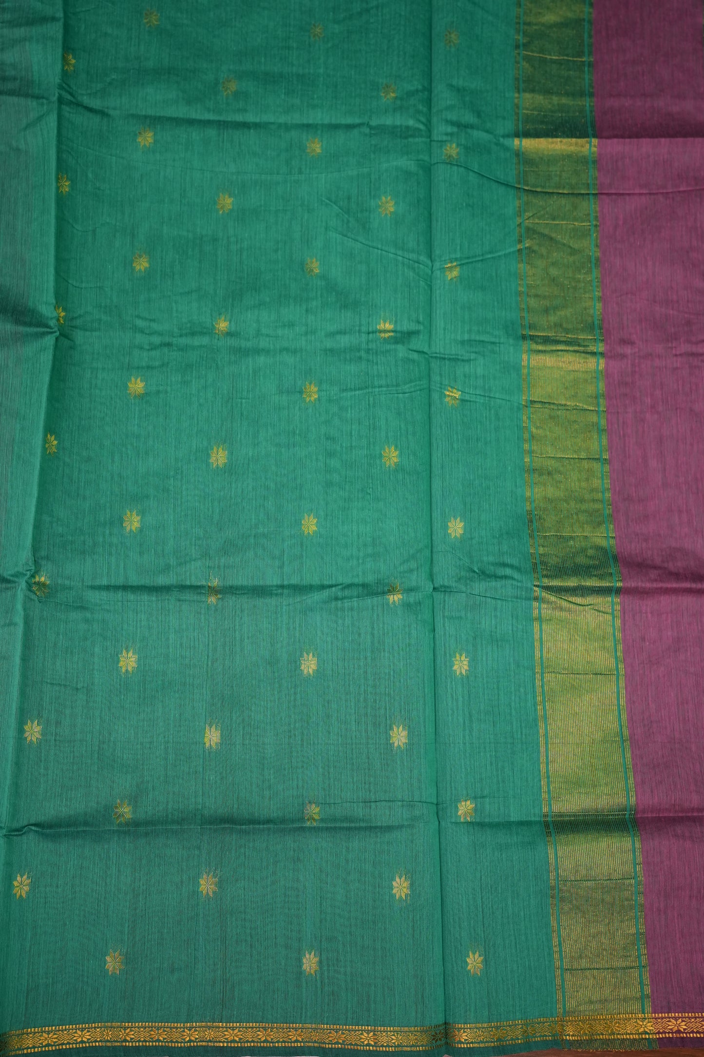Semi Maheshwari Silk Cotton Saree – Mauve Pink & Teal Green with Gold Zari Buttas