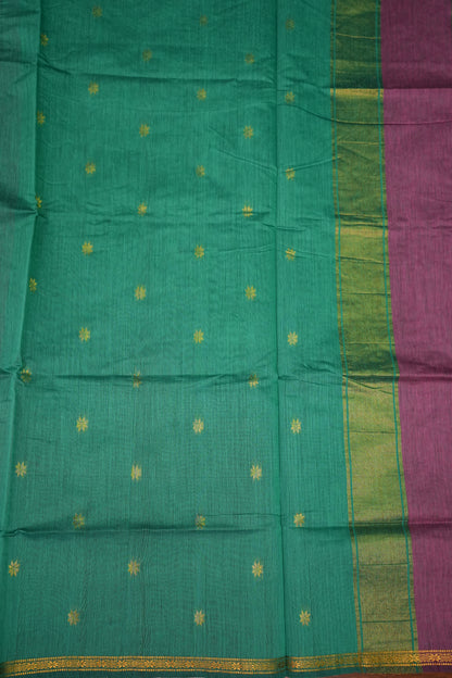 Semi Maheshwari Silk Cotton Saree – Mauve Pink & Teal Green with Gold Zari Buttas