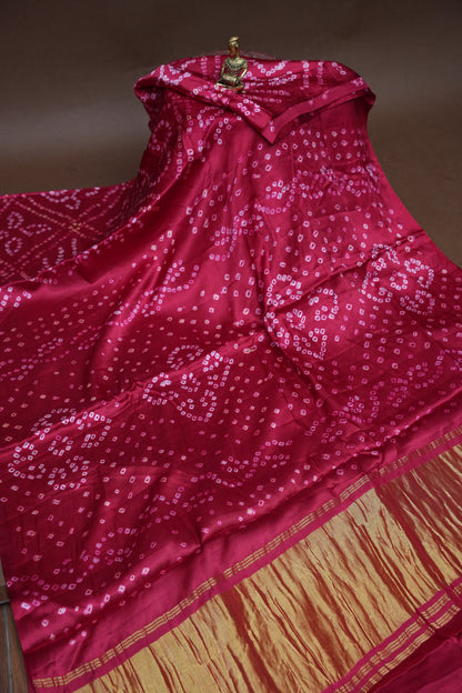 Pure Gajji Silk Bandhani Saree – Rani Pink with Traditional Bandhej Motifs & Gold Tissue Pallu