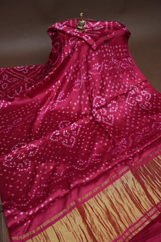 Pure Gajji Silk Bandhani Saree – Rani Pink with Traditional Bandhej Motifs & Gold Tissue Pallu